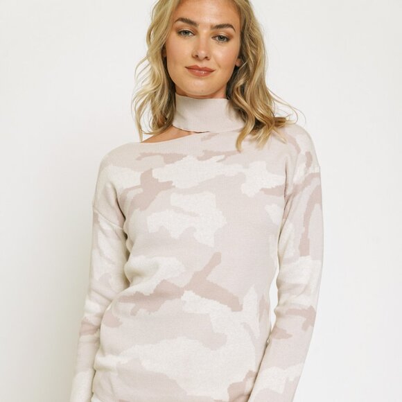 MYSTREE Pink Camo Print Choker Sweater Long Sleeve Cutout Knit Top - Picture 1 of 6